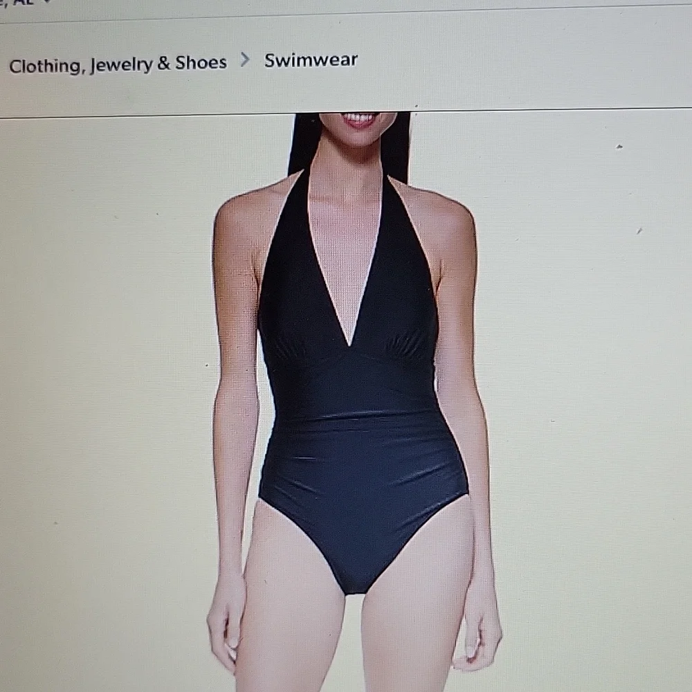 DKNY one piece Black halter shirred waist swimsuit moderate coverage Medium NEW… - Picture 2 of 8